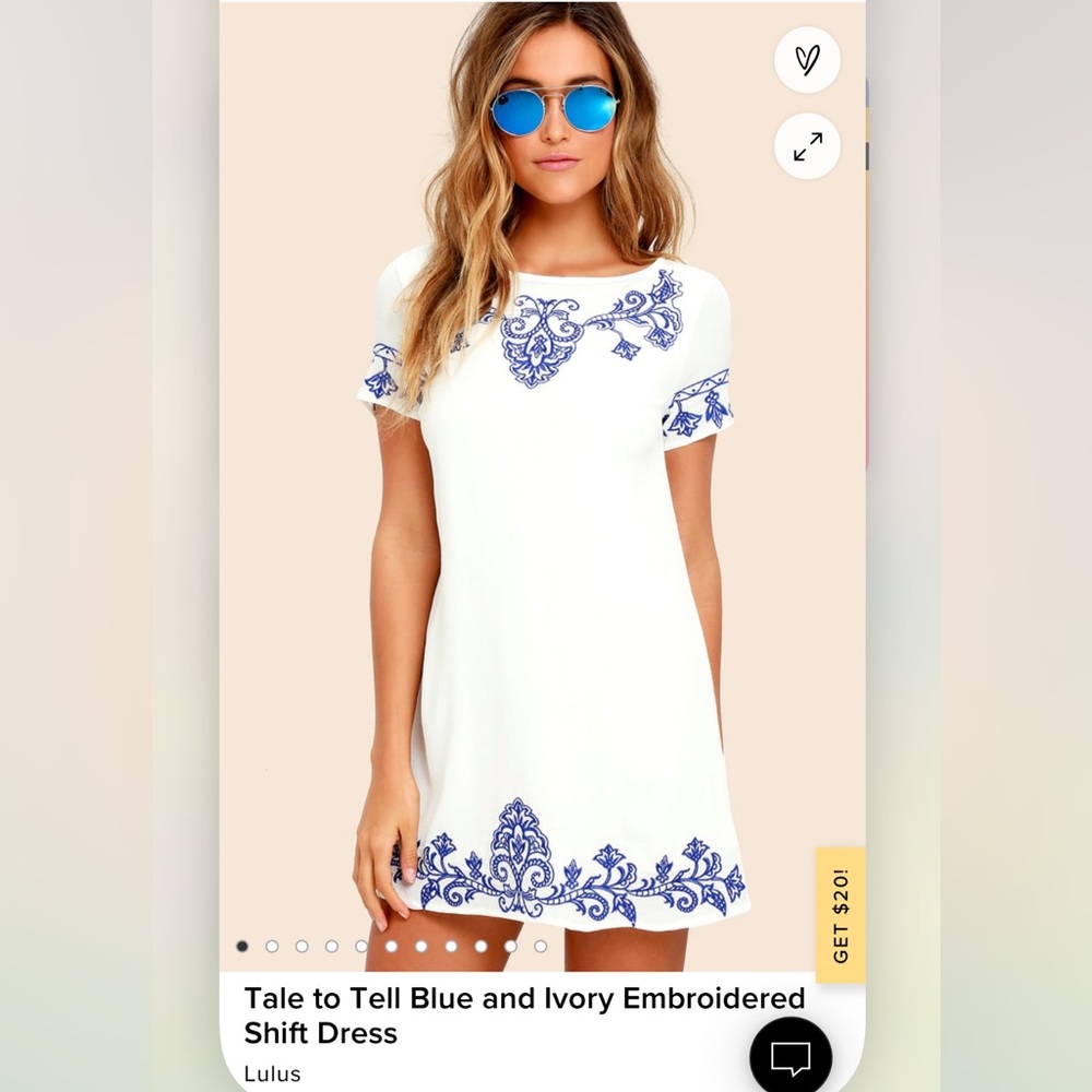 Lulus, Tale to tell blue and ivory embroidered shift dress, medium